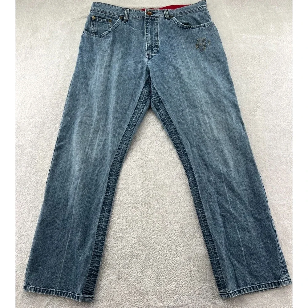 Sean John Jeans Mens 36x31 Blue Medium Wash Straight Leg Embroidered Logo Cotton